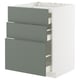 Modern kitchen unit with grey-green nickebo drawers and white frame, featuring three self-closing drawers.
