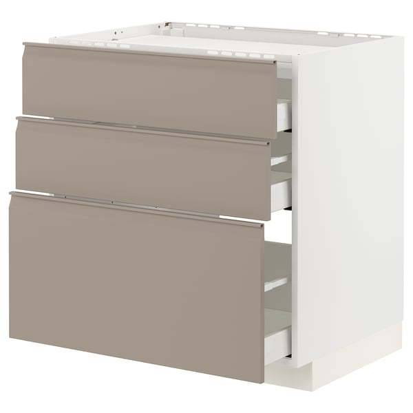 A METOD kitchen unit with three upplöv drawers in matte grey-beige. It a sleek, modern design with integrated handles and self-closing drawers.