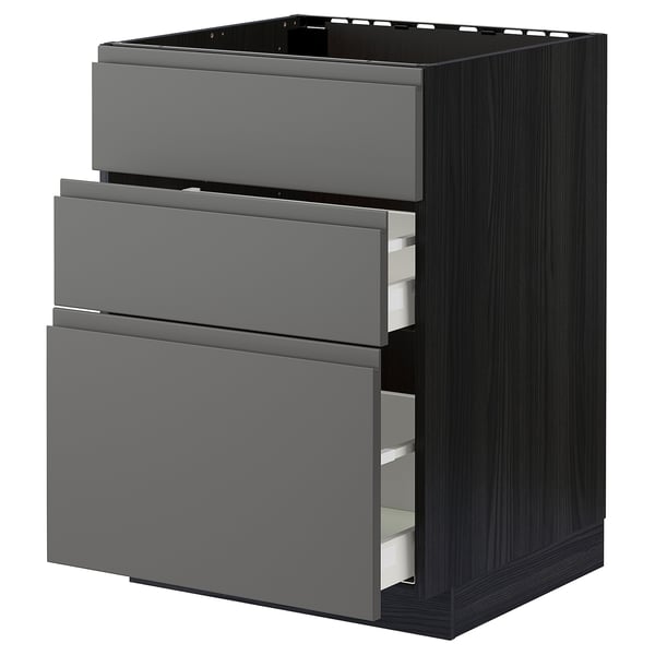 Modern grey kitchen unit with three drawers, sleek design, full-extension drawers.