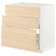 Modern white kitchen cabinet with three light wood drawers, sleek design, smooth finish.
