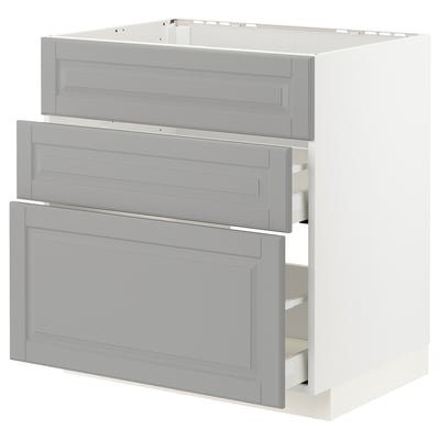 Modern grey kitchen unit with three drawers and plain design.