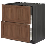 Brown wooden kitchen cabinet with dark gray sides, two drawers, classic design.