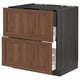 Brown wooden kitchen cabinet with dark gray sides, two drawers, classic design.