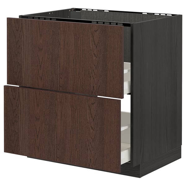 METOD dark brown kitchen cabinet with two drawers, wood-textured finish, robust drawer construction.