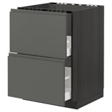 Modern black kitchen cabinet with two dark grey drawers, sleek handles, and a wooden texture.