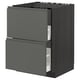 Modern black kitchen cabinet with two dark grey drawers, sleek handles, and a wooden texture.