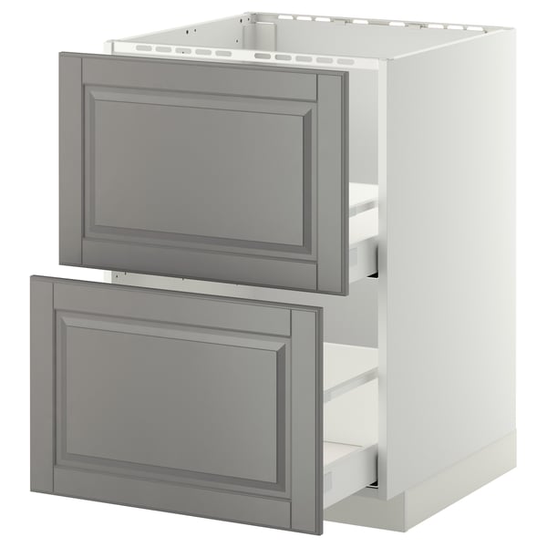 White METOD kitchen with grey drawers, beveled edges.