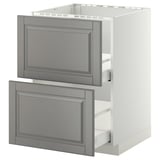 White METOD kitchen with grey drawers, beveled edges.