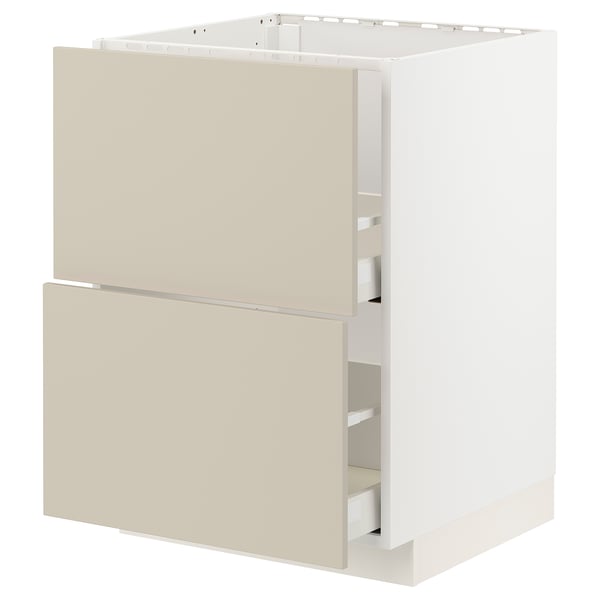 A METOD kitchen cabinet in beige with two drawers. The cabinet is rectangular with a smooth finish.