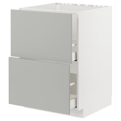 Modern light grey kitchen cabinet with two open drawers, part of the METOD series, featuring a sleek, minimalist rectangular design.