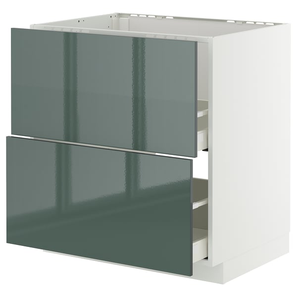 High-gloss green-grey kitchen cabinet with two drawers and white frame.