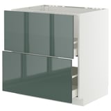 High-gloss green-grey kitchen cabinet with two drawers and white frame.