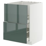 High-gloss grey-green METOD kitchen unit. Rectangular, white frame, two dark green drawers. Modern, sleek design.