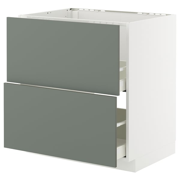White ikea METOD kitchen cabinet with 2 grey-green drawers, modern minimalist design.