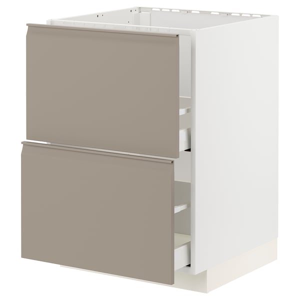 A modern, rectangular, white kitchen unit with two grey-beige drawers featuring integrated handles.