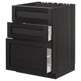 Black stained wooden kitchen drawer unit with three open drawers, modern design.