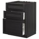 Black stained wooden kitchen drawer unit with three open drawers, modern design.
