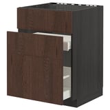 Dark brown wooden kitchen cabinet with multiple drawers; modern design, sturdy structure.