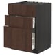Brown wooden kitchen cabinet with three open drawers.