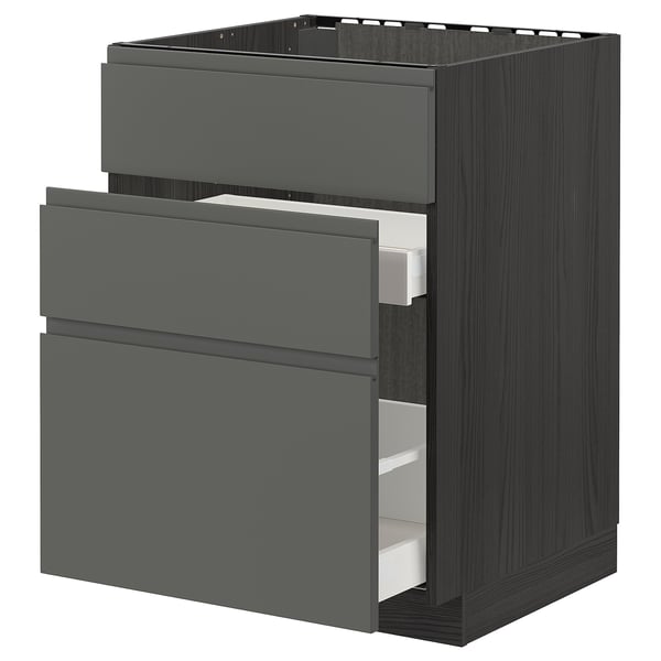 Modern kitchen cabinet in dark grey with two open drawers, featuring sleek, minimalist design with integrated handles and sturdy constructed frames.
