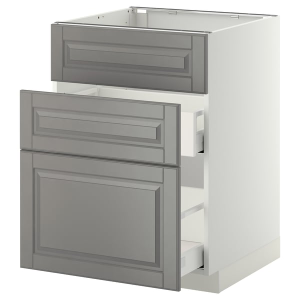 Modern grey kitchen cabinet with two pull-out drawers and one door.