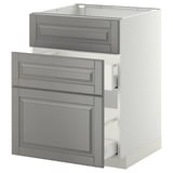 Modern grey kitchen cabinet with two pull-out drawers and one door.