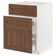 White kitchen cabinet with walnut drawer, wooden grain design.