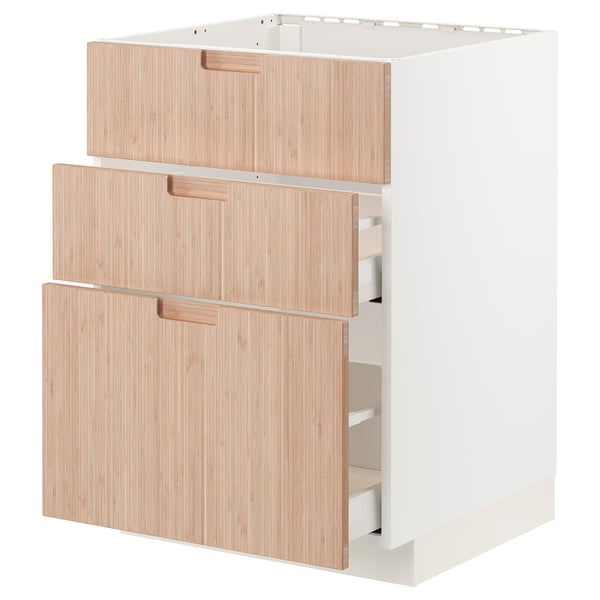Modern white kitchen unit with 3 bamboo drawers, natural finish.