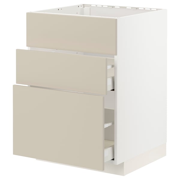 METOD kitchen unit in beige with three drawers and white frame.