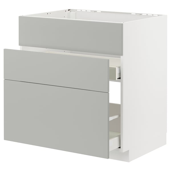 Modern grey kitchen cabinet set with three drawers and a base unit for kitchen appliances, sleek and minimalist design.