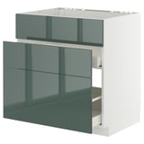 Modern kitchen unit, grey-green high-gloss drawer fronts, self-closing drawers, white frame.