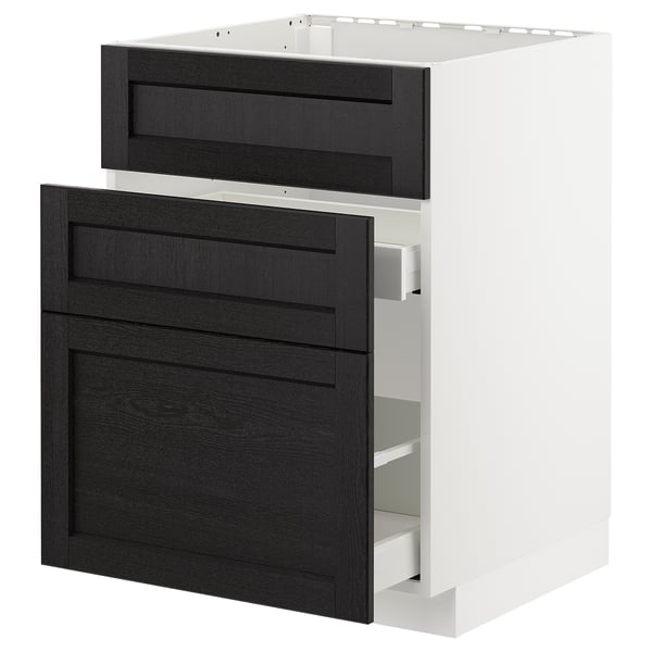 Modern kitchen cabinet, white frame, dark stained wooden drawers, smooth finish, rectangular shape, traditional design.