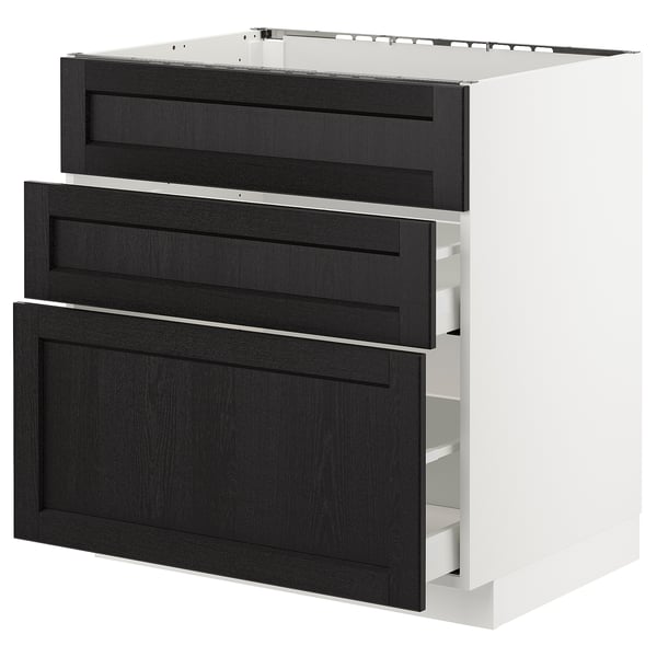 A modern kitchen cabinet set featuring black-stained wooden fronts with beveled edges. It has three drawers and one door.