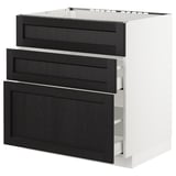 A modern kitchen cabinet set featuring black-stained wooden fronts with beveled edges. It has three drawers and one door.