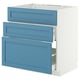 METOD three-drawer cabinet in blue. Modern design with smooth drawers, solid birch fronts, and particleboard base.
