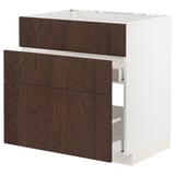 Modern kitchen unit with dark brown wooden drawers and white base.