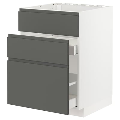 Modern gray kitchen unit with soft-close drawers.