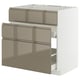 Modern kitchen unit with three dark grey-brown metallic drawers, sleek handles, and a white frame.