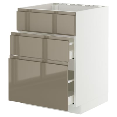 Modern kitchen cabinet, METOD, with dark grey-brown drawers, white frame, three large shiny drawers.