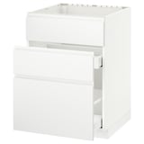 This image shows a white METOD kitchen cabinet with a smooth, minimalist design, featuring multiple drawers and a sleek handle-less front.