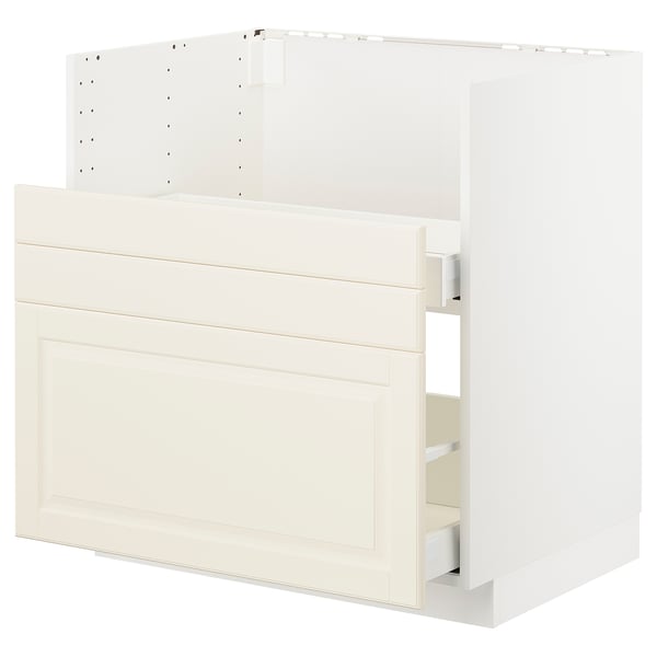 Modern kitchen cabinet with smooth, cream edges and storage.