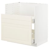Modern kitchen cabinet with smooth, cream edges and storage.