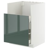 Modern METOD kitchen cabinet in high-gloss grey-green with sleek design and smooth drawer.