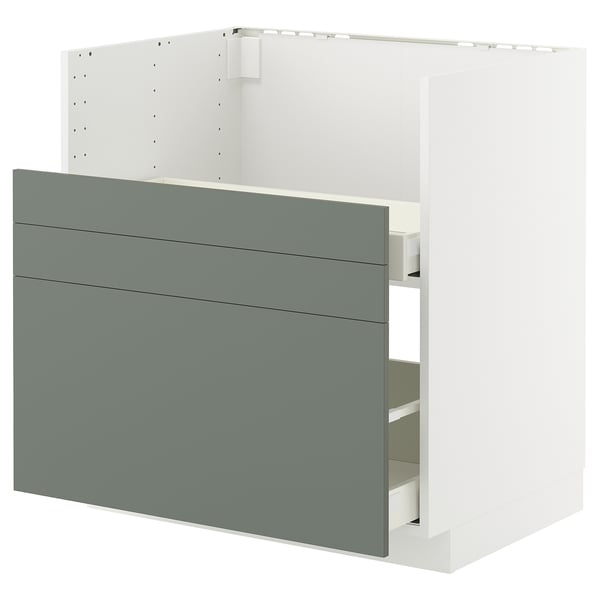 Modern grey-green kitchen cabinet with smooth drawer panels.