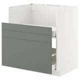 Modern grey-green kitchen cabinet with smooth drawer panels.