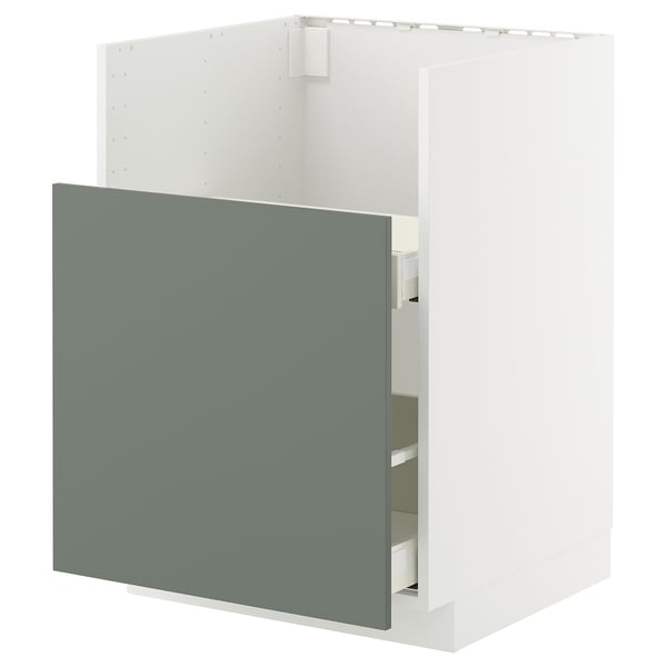 Modern kitchen cabinet in grey-green with drawers.