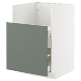 Modern kitchen cabinet in grey-green with drawers.