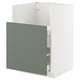 Modern kitchen cabinet in grey-green with drawers.