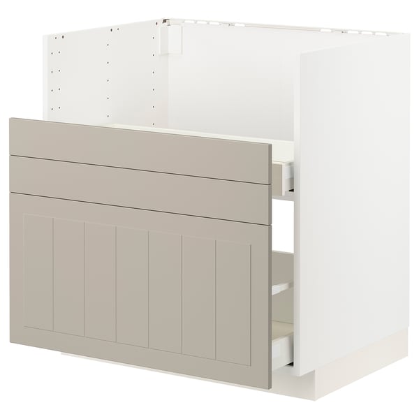 Ikea METOD kitchen unit in beige with beige panels, featuring a smooth drawer and sleek design.
