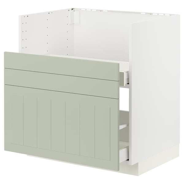 METOD kitchen unit in green with wooden front, white frame, rectangular, modern design.